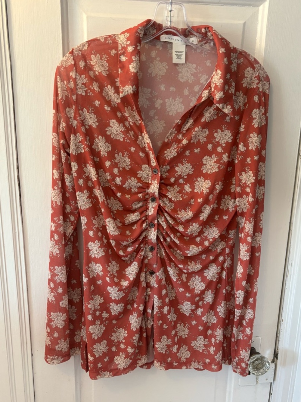 Altar'd State Rust Sheer Mesh Floral Ruched Button-Down Top Whimsical Boho - Picture 2 of 4